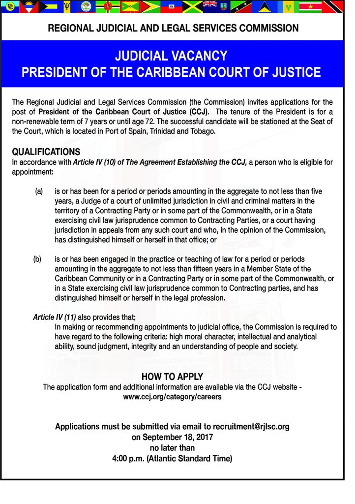 Judicial Vacancy – President Of The Caribbean Court Of Justice Ccj